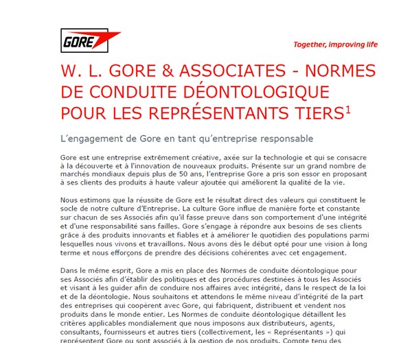 Standards of ethical conduct for third party representatives document in French