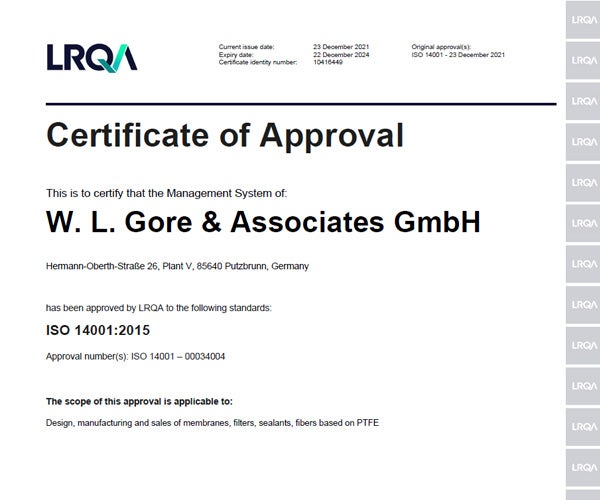 La première page du certificat ISO14001.