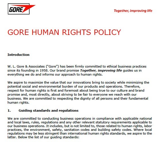 First page of the Gore Human Rights Policy