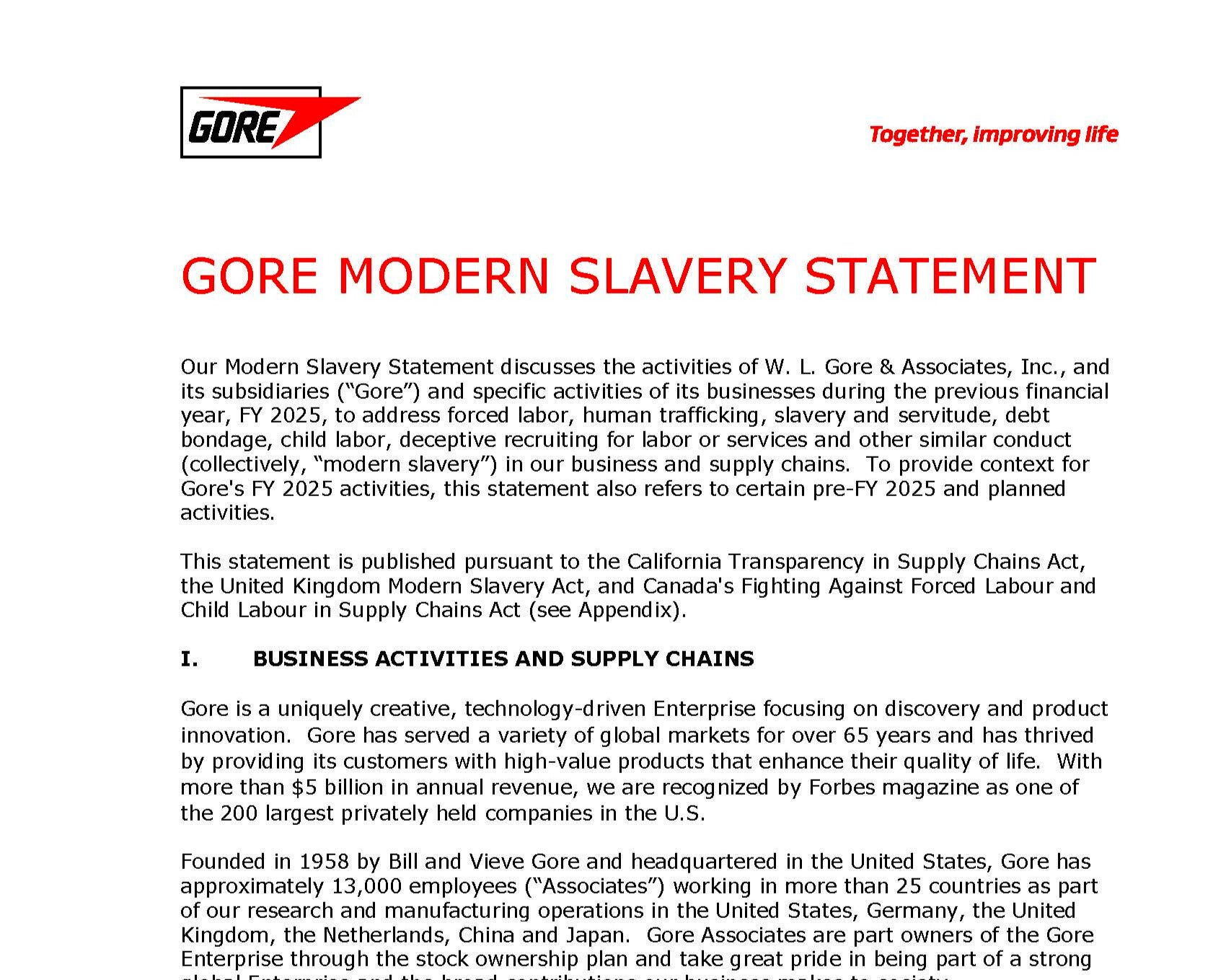 The first page of our modern slavery statement.