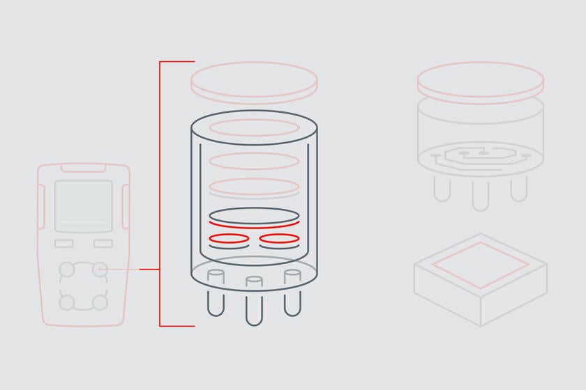 Infographie illustrant la membrane sur l'électrode de référence et la contre-électrode dans un détecteur de gaz EC.