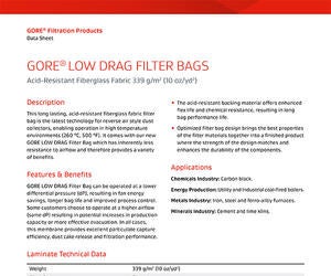 Data Sheet: Fiberglass Fabric GORE LOW DRAG Filter Bag